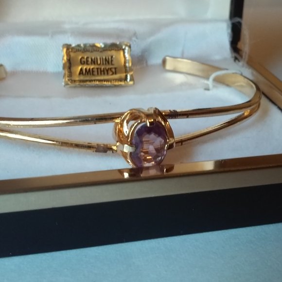Gold Bracelet Amethyst Never Worn But See Pictures Black Spots On Gold In Box - Picture 1 of 6